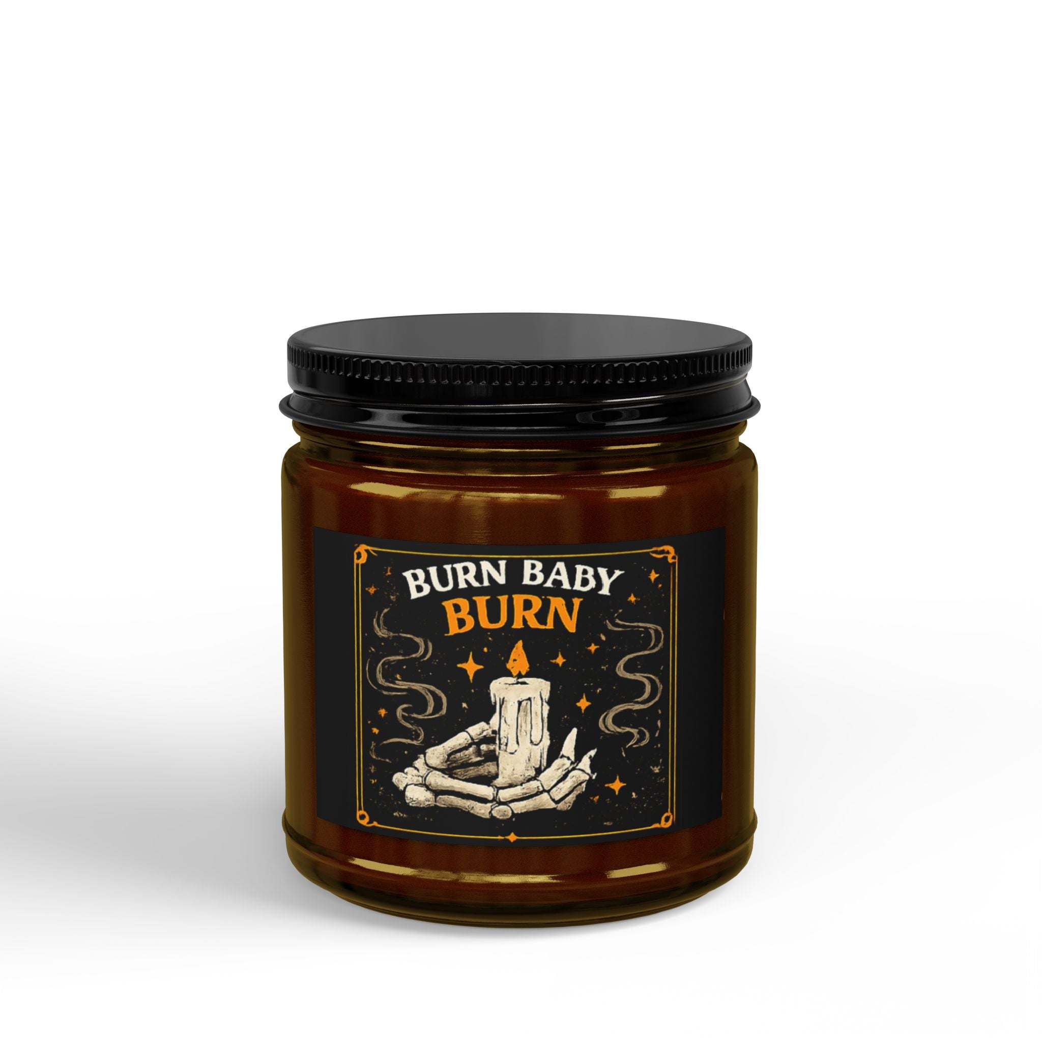 Burn Baby Burn Soy Candle — Spiced Amber Scent, 4oz & 9oz Jar with Black Lid