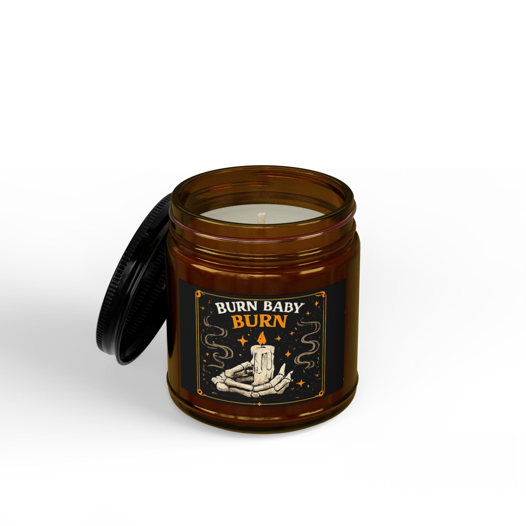 Burn Baby Burn Soy Candle — Spiced Amber Scent, 4oz & 9oz Jar with Black Lid