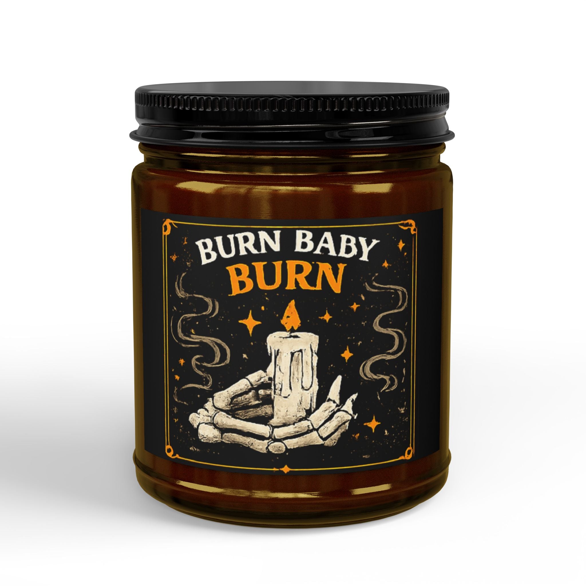 Burn Baby Burn Soy Candle — Spiced Amber Scent, 4oz & 9oz Jar with Black Lid