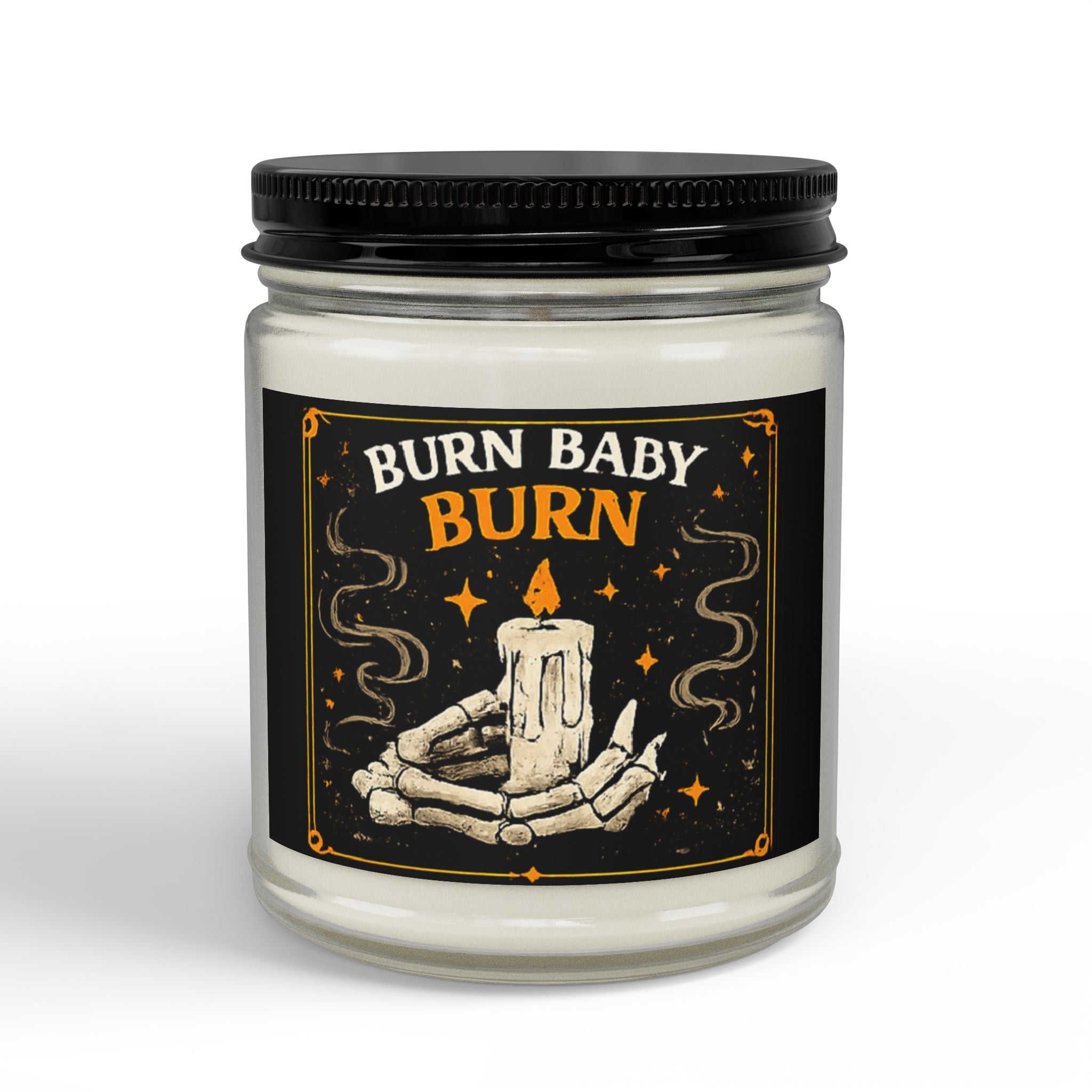 Burn Baby Burn Soy Candle — Spiced Amber Scent, 4oz & 9oz Jar with Black Lid