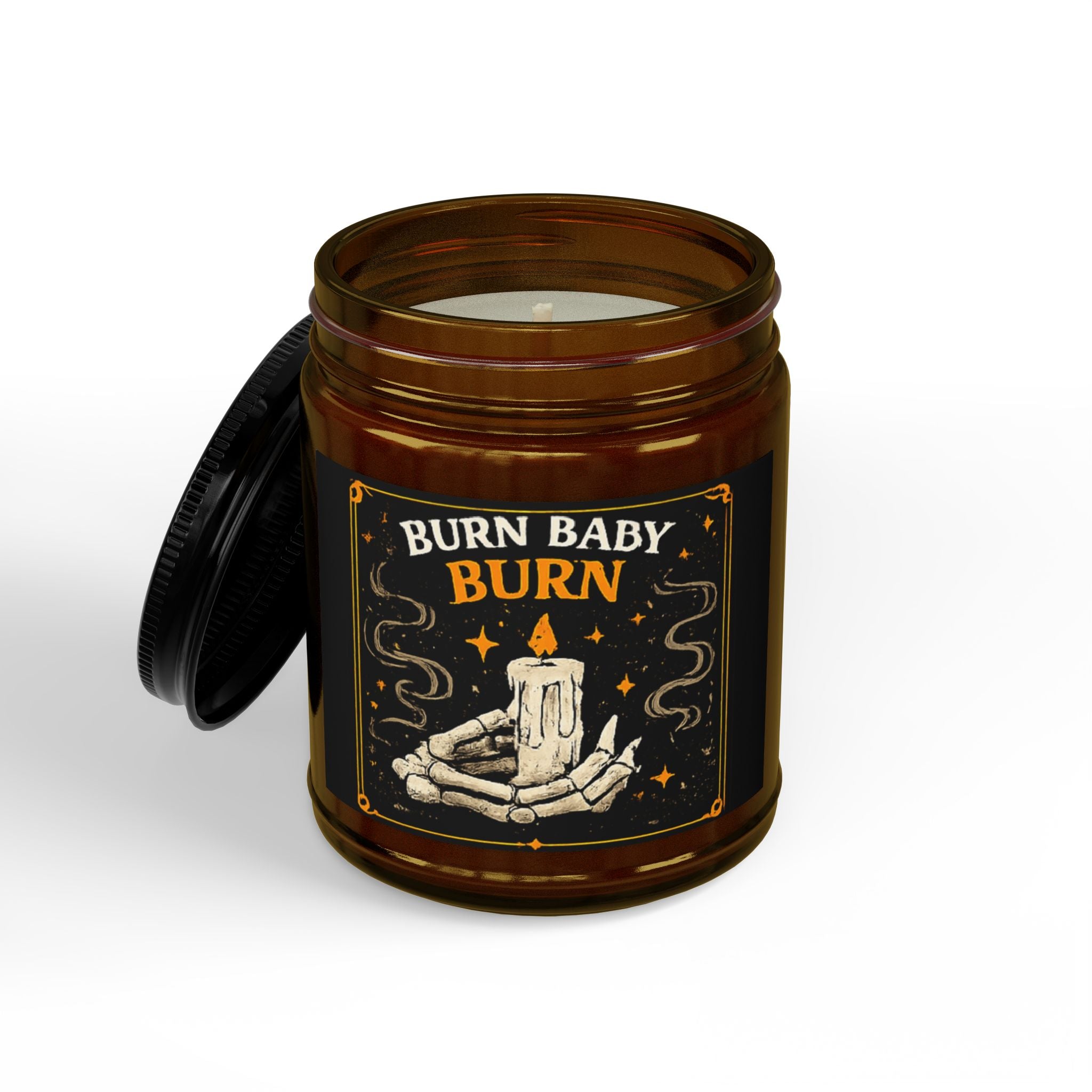 Burn Baby Burn Soy Candle — Spiced Amber Scent, 4oz & 9oz Jar with Black Lid